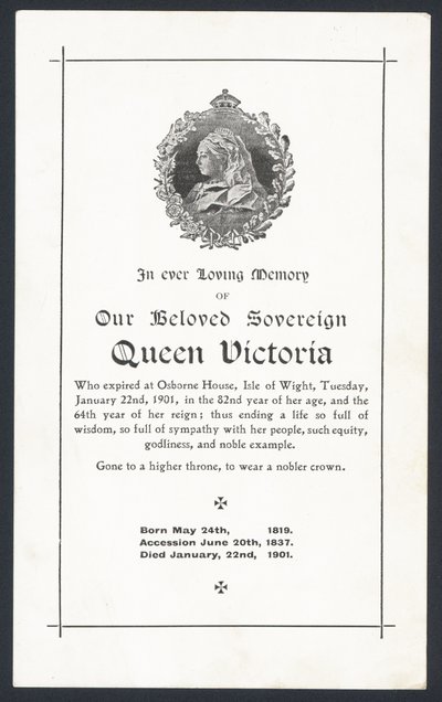 Herdenkingskaart voor Koningin Victoria door English School