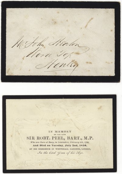 Herdenkingskaart ter nagedachtenis aan wijlen Sir Robert Peel door English School