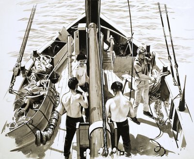 Mannen aan boord van een zeilschip door English School