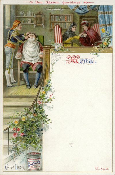 Menu met een scène uit De Barbier van Sevilla en een advertentie voor Liebigs Vleesextract door English School