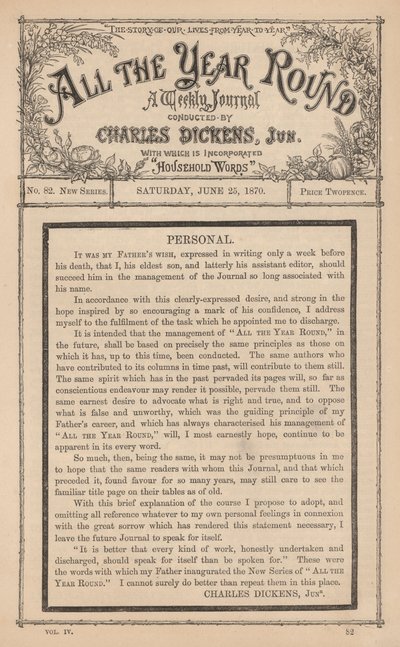 Bericht van Charles Dickens Junior in het weekblad All The Year Round, na de dood van zijn vader door English School