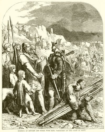 Ontmoeting van Hnegist en Horsa met koning Vortigern aan de kust van Kent door English School