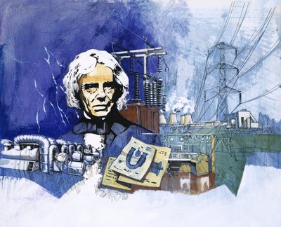 Michael Faraday met elektriciteitscentrale op de achtergrond door English School