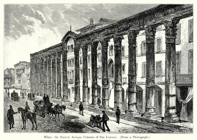 Milaan: de zestien antieke zuilen van San Lorenzo (gravure) door English School