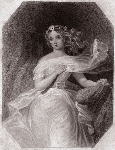 Miranda (De Storm) in - "Galerie des femmes de Shakespeare, collectie van vijfenveertig serieuze portretten door de eerste kunstenaars van Londen, verrijkt met kritische en literaire opmerkingen" rond 1838 - uit "Gallery of the women of Shakespeare" door English School