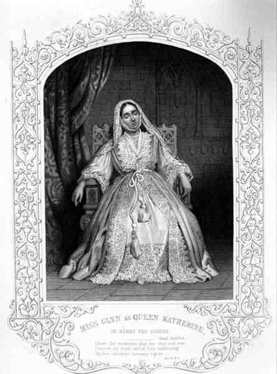 Miss Glyn als Koningin Katherine, Act IV Scene 2, in Henry VIII of All is True, door William Shakespeare (gravure) door English School