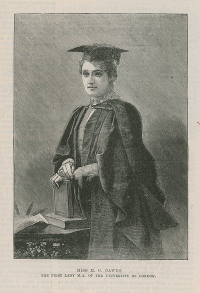 Miss M.C. Dawes, de eerste vrouwelijke MA van de Universiteit van Londen door English School