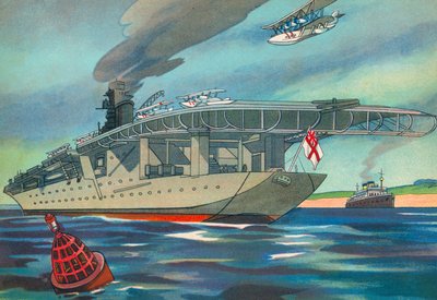 Modern vliegdekschip (kleurenlitho) door English School