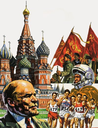 Montage van Rusland inclusief de Kathedraal van Sint Basilius de Gezegende en portret van Lenin door English School