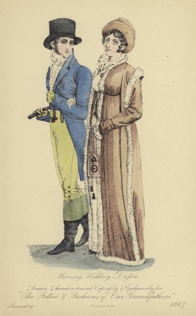 Ochtendwandeling jurk voor dames en heren (gekleurde gravure) door English School