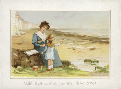 Moeder en Kind op het Strand - Nieuwjaarskaart door English School