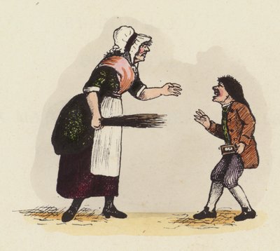 Moeder, of schooljuf, disciplineert een jongen met een hoornboek (gekleurde gravure) door English School