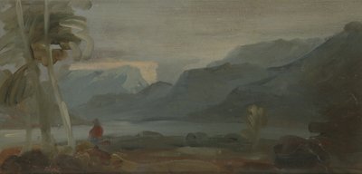 Bergachtig landschap met figuren en vee door English School