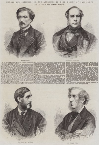 Bewegers en tweedeurs van de toespraken in beide huizen van het parlement, als antwoord op de toespraak van de koningin (gravure) door English School