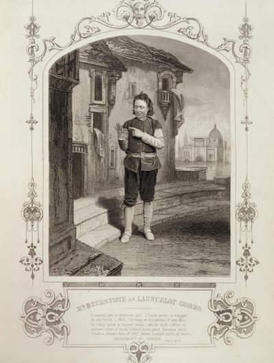 De heer Buckstone als Lancelot Gobbo, Act II Scene 2, in De Koopman van Venetië door William Shakespeare (1564-1616) door English School