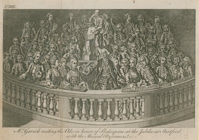 De heer David Garrick reciteert de Ode ter ere van William Shakespeare op het jubileum in Stratford door English School