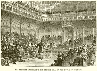Mr. Disraeli introduceert zijn Hervormingswet in het Lagerhuis door English School