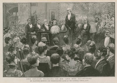 Mr Gladstone ontvangt het herdenkingsalbum in de National Liberal Club door English School