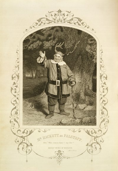Mr Hackett als Falstaff, Act V Scene 5, in De Vrolijke Vrouwtjes van Windsor door William Shakespeare (1564-1616) gegraveerd door George Hollis (1792-1842) van een daguerreotype door J.P. Mayall (1810-1901) (gravure) door English School