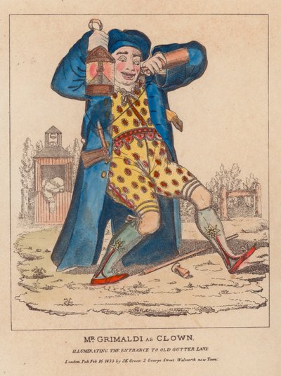 De heer Joseph Grimaldi als Clown, verlicht de ingang naar Old Gutter Lane door English School