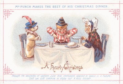 Mr Punch aan het kerstdiner, kerstkaart door English School