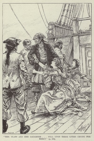 "Mevrouw Glass en haar dochter vielen op hun knieën en riepen om genade" (gravure) door English School