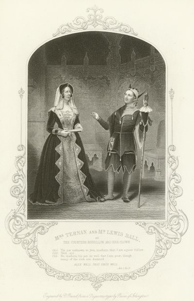 Mevrouw Ternan en Meneer Lewis Ball als de Gravin Rousillon en haar clown, Eind Goed, Al Goed, Act I, scène iii door English School