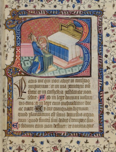 Psalm 1, David speelt harp, uit de Knightley Psalter, ca.1380 door English School