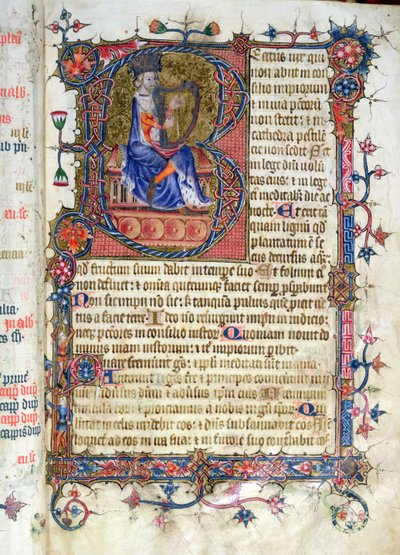 Psalm 1, David speelt harp, uit de Ramsey Abbey Psalter, ca.1380 door English School
