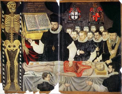 Ms Hunter 364 Top v14 fol.59 Frontispice, John Bannister Lecture met dissectie door English School