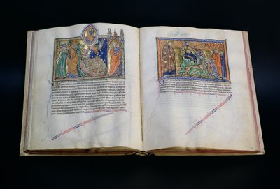 Het beest lastert Gods naam, en de mensen aanbidden het 3e en 2e beest, uit de Gulbenkian Apocalyps, c.1265-70 door English School