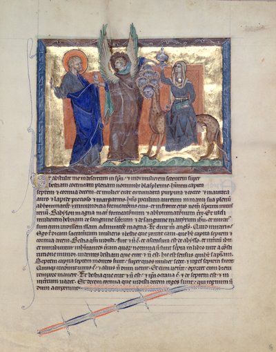 Een engel leidt St. Johannes de Evangelist naar de Hoer van Babylon, uit de Gulbenkian Apocalyps, c.1265-70 door English School