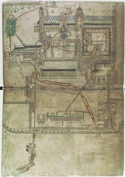 Plan van de kathedraal van Canterbury en het loodgietersysteem, uit de 