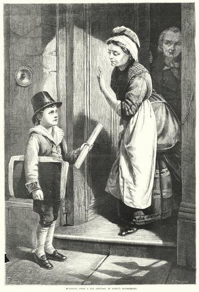 Mulready, als jongen afgewezen door de huishoudster van Bank (gravure) door English School