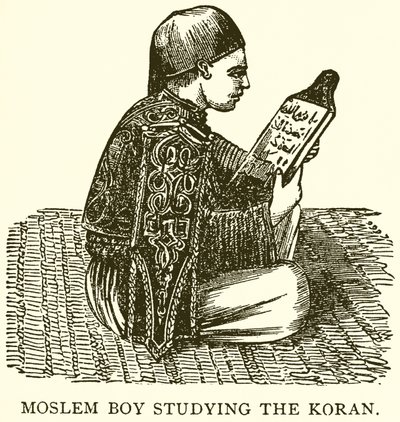 Moslimjongen die de Koran bestudeert door English School