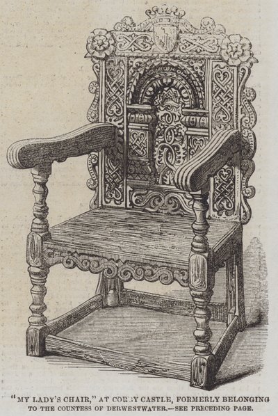 "De stoel van mijn dame," in Corby Castle, voorheen eigendom van de Gravin van Derwestwater (gravure) door English School