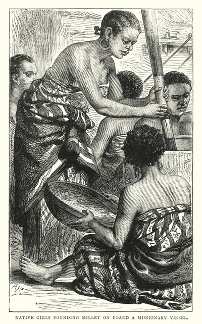 Inheemse meisjes die gierst stampen aan boord van een zendingsschip (gekleurde gravure) door English School