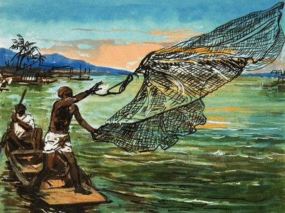 Inboorlingen vissen op de Niger rivier in Afrika door English School