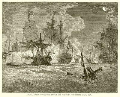 Zeegevecht tussen de Britten en Fransen in Pondicherry Roads, 1758 door English School