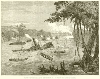 Zeeoorlogvoering in Paraguay. Vernietiging van een Braziliaanse Kanonneerboot door een Torpedo door English School