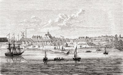Nieuw Amsterdam, een 17e-eeuwse Nederlandse nederzetting op de zuidpunt van Manhattan Island, Amerika, uit Ward en Lock