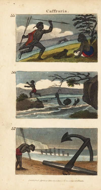 Nguni of Bantu (Kaffir) krijger die antilope jaagt met speren, een vrouw in een rivier achterlaat en een anker van een Oost-Indië schip aanbidt door English School
