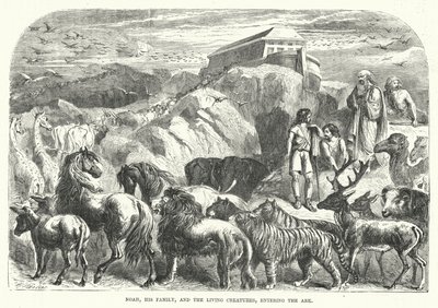 Noach, zijn familie en de levende wezens betreden de ark (gravure) door English School