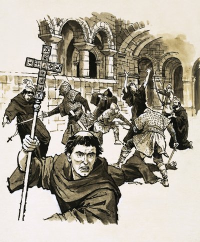 Normandische soldaten doden opstandige monniken in hun kerk in Glastonbury door English School