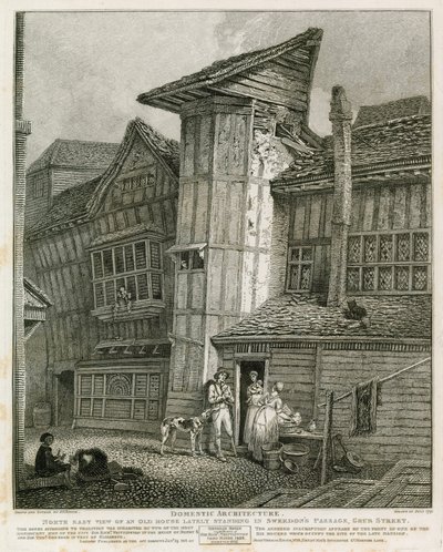Noordoostelijk uitzicht van een oud huis dat onlangs stond in Sweedons Passage, Grub Street door English School