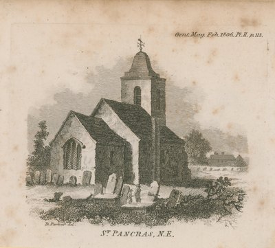 Noordoostelijk uitzicht op de Kerk van St Pancras door English School