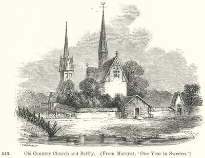 Oude plattelandskerk en Belfort (gravure) door English School