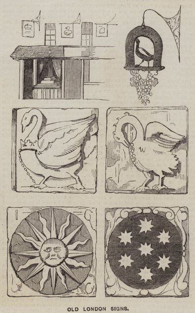 Oude Londense borden (gravure) door English School