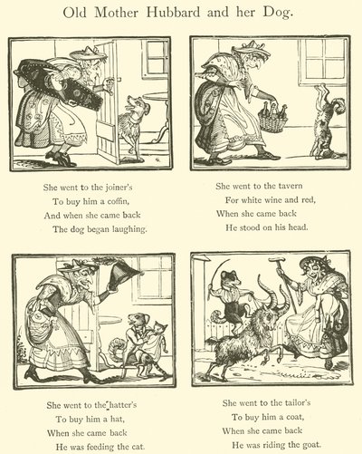 Oude Moeder Hubbard en haar hond (houtsnede) door English School