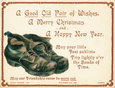 Oud paar laarzen, kerstkaart door English School
